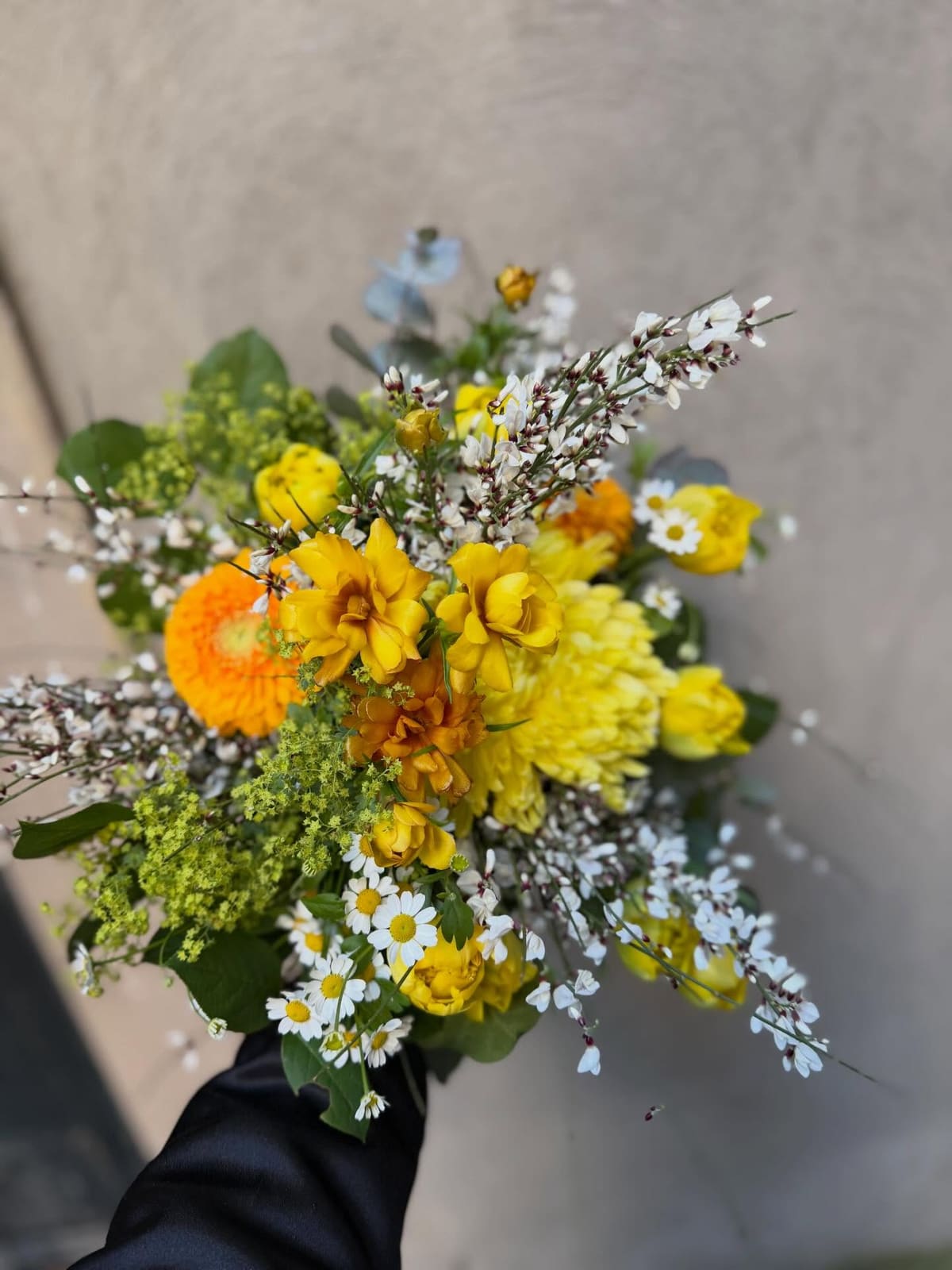 Bouquet printanier jaune et blanc, renoncules, marguerite et fleurs blanches en grappes